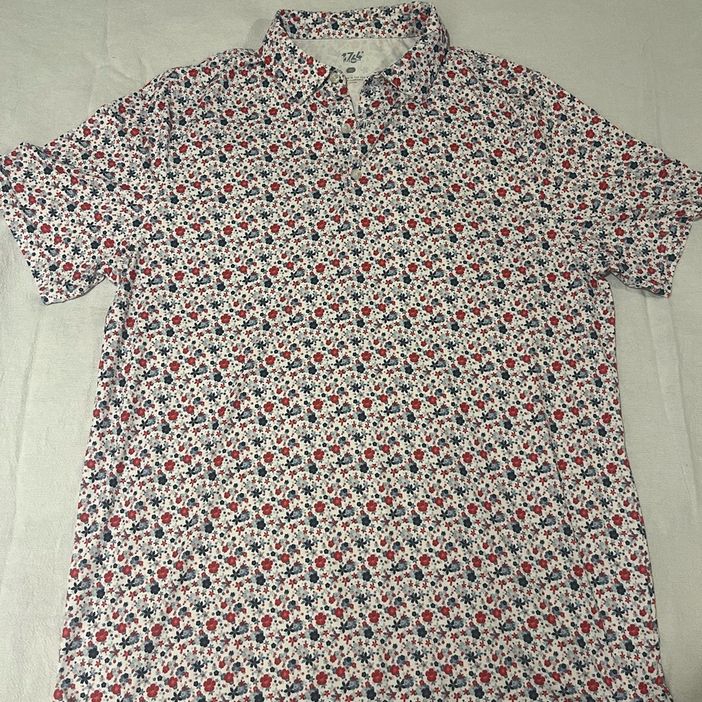 Men's Polo Shirt with Red and Blue Floral Design